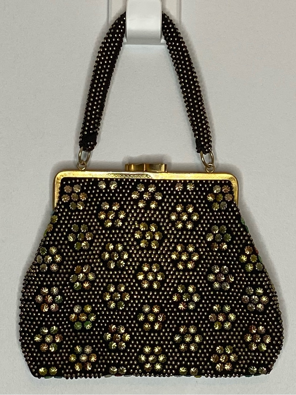 Black Beaded Evening Kisslock ClutchGold Floral Bead Accents